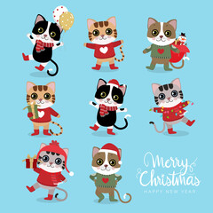 Merry Christmas and happy new year greeting card with cute cat wear winter costume. Animal holidays cartoon character. Funny kitten set.