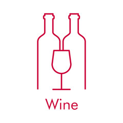 Logotipo con texto Wine con 2 botellas de vino con copa  con líneas de color granate
