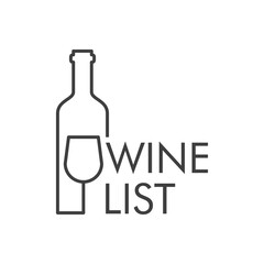 Logotipo con texto Wine List con botella de vino con copa  con líneas de color gris