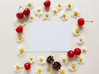 Paper, camomiles, cherry berries and fir cones on a ivory background. Top view, Mock up, Summer flat lay, place for text.