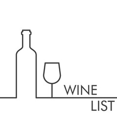 Logotipo con texto Wine List con botella de vino con copa  con líneas de color gris