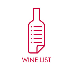 Logotipo con texto Wine List con botella de vino como pegatina de papel plegada con líneas de color granate