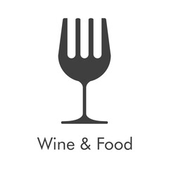 Logotipo con texto Wine & Food con tenedor con forma de copa de vino en color gris