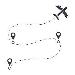 Vector flight path of an airplane from one point to another with transfers. Dotted line with aircraft silhouette. Stock illustration on white background