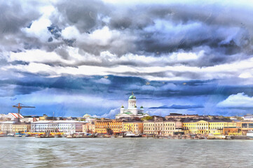 Fototapeta premium Cityscape colorful painting, Baltic sea, Helsinki Finland.