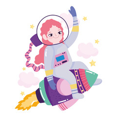 Fototapeta na wymiar space adventure cartoon astronaut girl rocket