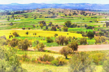 Beautiful landscape at Mexico colorful painting.