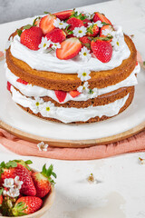 Strawberry cake, strawberry sponge cake with fresh strawberries and sour cream on a white background