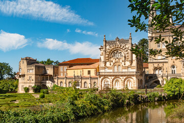 Fototapeta na wymiar View at the Palace of Bucaco with garden in Portugal. Palace was built in Neo Manueline style between 1888 and 1907. Luso, Mealhada