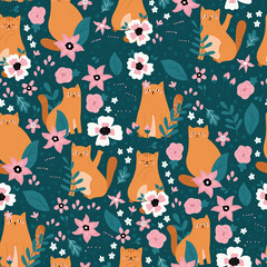 Naklejka premium Vector seamless pattern with cute orange cats and flowers on dark green background. Hand drawn illustration.