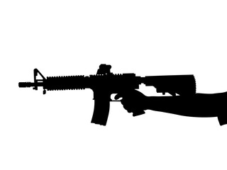 Fully automatic machine gun M 16 male hand holding a gun, gun in hand, Realistic silhouette isolated on white