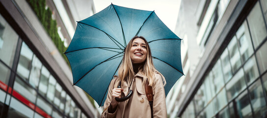 Smiling business woman walking on city street with umbrella.