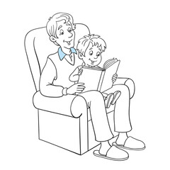 Dad and son are reading a book while sitting on the recliner. Black and white picture with blue accent. In cartoon style. Isolated on white background. For coloring book.