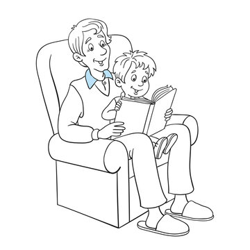 Dad And Son Are Reading A Book While Sitting On The Recliner. Black And White Picture With Blue Accent. In Cartoon Style. Isolated On White Background. For Coloring Book.