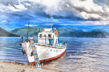 Motor boat on lake shore with mountains on background