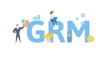 GRM, Gross Rent Multiplier. Concept with keywords, people and icons. Flat vector illustration. Isolated on white background.