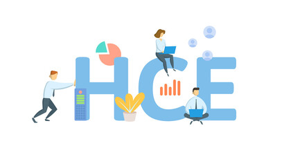 HCE, Highly Compensated Employee. Concept with keywords, people and icons. Flat vector illustration. Isolated on white background.