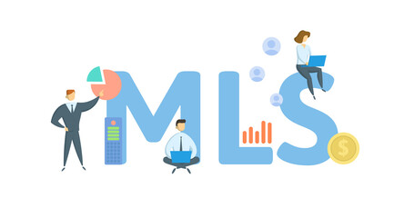 MLS, Multiple Listing Service. Concept with keywords, people and icons. Flat vector illustration. Isolated on white background.