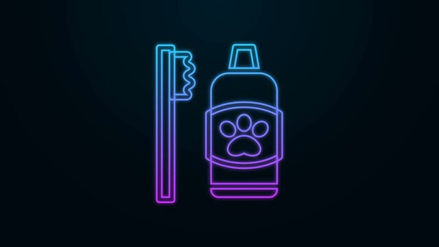 Glowing neon line Dental hygiene for pets icon isolated on black background. Toothbrush and toothpaste. Teeth cleaning. 4K Video motion graphic animation