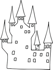 black mysterious castle vector illustration. Halloween cottage image. 