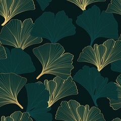 Golden Ginkgo leaves background. Luxury Floral art deco. Gold natural pattern design Dark green illustration.
