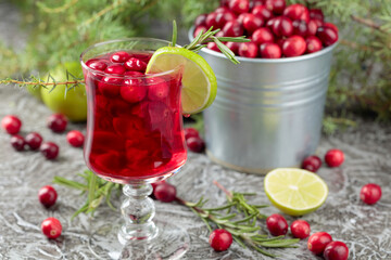 Glass of cranberry drink with berries, lime, and rosemary.