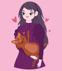 happy young woman with brown cat animal pet cartoon
