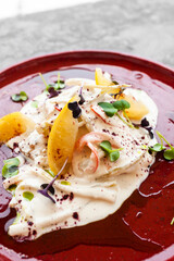 Close up grilled chicken fillet in creamy lemon sauce on red plate