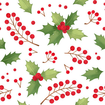 Watercolor Christmas Seamless pattern with holly. Winter background with red berries and botanical green foliage. Christmas mood. Perfect for wrapping paper, fabric, textile, invitations, packing