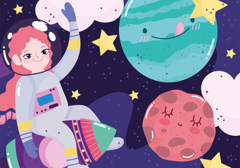 girl astronaut on rocket planets stars space adventure galaxy cartoon