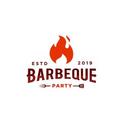Grill Barbeque logo, invitation party barbecue bbq with crossed fork spatula and fire flame design