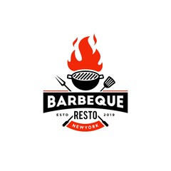 Grill Barbeque logo, invitation party barbecue bbq with crossed fork spatula and fire flame design