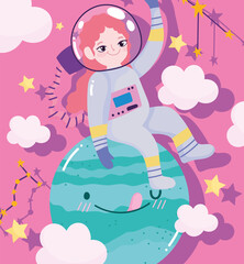 girl astronaut explore planet space adventure galaxy cartoon