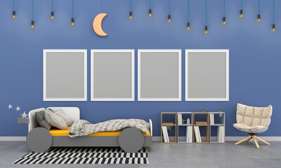 bedroom with blue wall and frames for mockup, 3d rendering