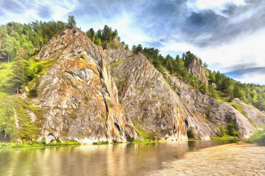 Mrass-Su river colorful painting, Shoria National park, Kemerovo region, Russia.