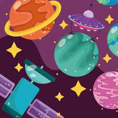 planet satellite ufo space galaxy astronomy in cartoon style