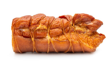 Piece of smoked meat on white background.