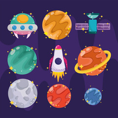 space galaxy astronomy in cartoon style collection icons such as planet ufo rocket