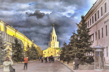 Fototapeta na wymiar Kazan Kremlin colorful painting, Kazan Tatarstan Russia.