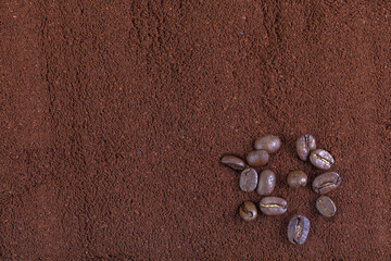 Coffee grind texture background, close up. ground coffee brown background, wood grain texture.