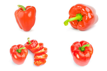 Collage of red sweet peppers over a white background