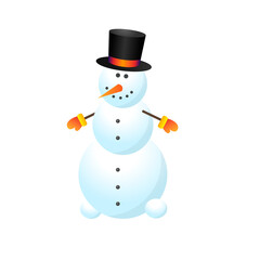 Snowman vector illustration on white background. Snowman with hands and top hat. New year, merry christmas. Vector illustration for print, gifts, wrapping paper, postcards.