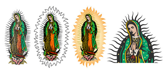 Virgin of Guadalupe, Mexican Virgen de Guadalupe color vector collection set. - obrazy, fototapety, plakaty