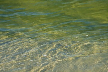 Ripples on the water, sea water near the coast, sand is visible through the water, top view