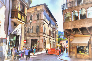 Street in old town colorful painting, Trento, Trentino Alto Adidge, Italy.