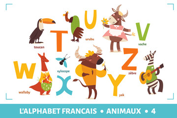 French language alphabet poster with cartoon animals
