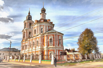 Fototapeta na wymiar Resurrection church colorful painting, 1787, Nerekhta, Kostroma region Russia.