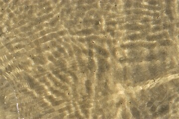 Fototapeta na wymiar Ripples on the water, sea water near the coast, sand is visible through the water, top view