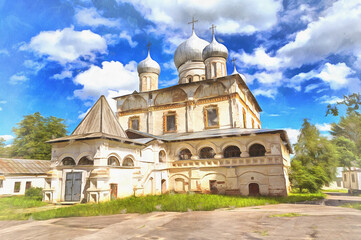 Znamensky monastery church colorful painting, Veliky Novgorod, Russia.