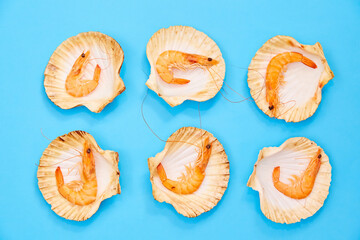 Shrimp in Shell on Blue Background. Seafood. Creative Feed